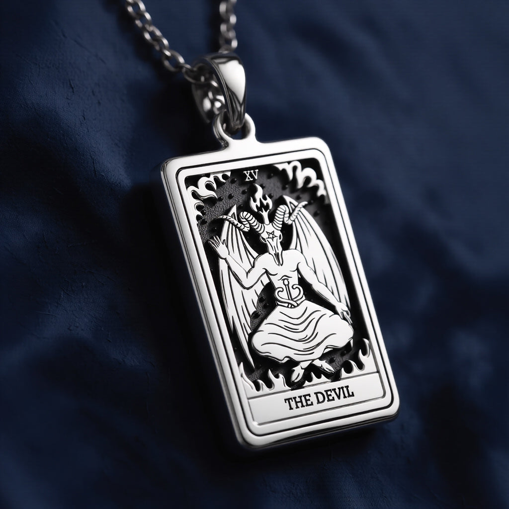 Rectangular sterling silver pendant necklace featuring a detailed Rider-Waite Tarot "The Devil" (XV) engraving with horned figure, wings, flames, and inscribed title.