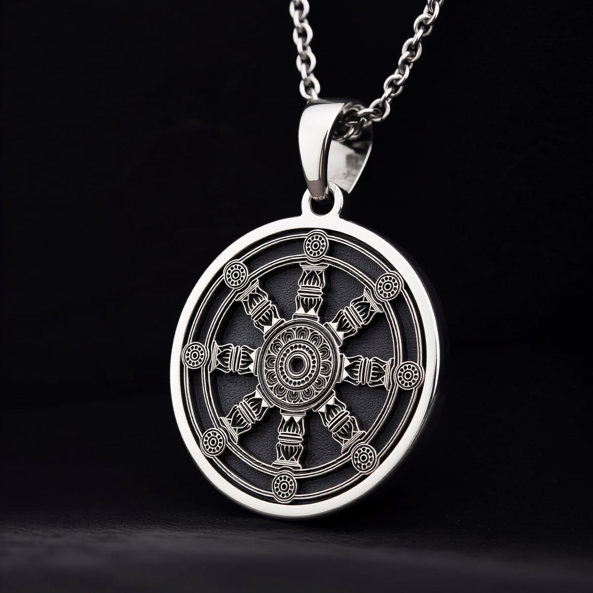 925 925 Sterling Silver Dharma Wheel Spoked Talisman Necklace Necklaces Oxidized silver round pendant with intricate geometric star design necklace