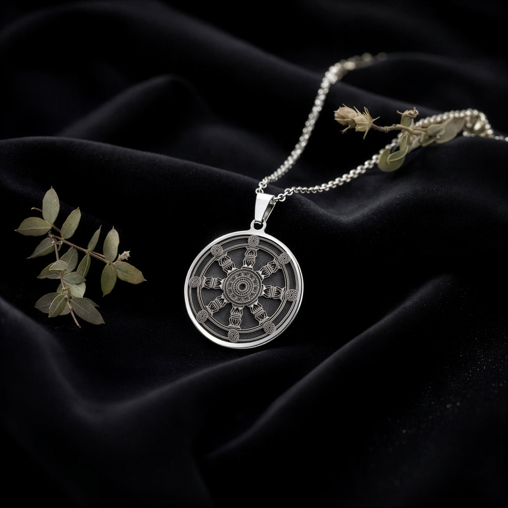 Dharma Wheel Spoked Talisman Necklace Necklaces 925 925 Sterling Silver round pendant necklace with intricate geometric mandala design on black fabric.