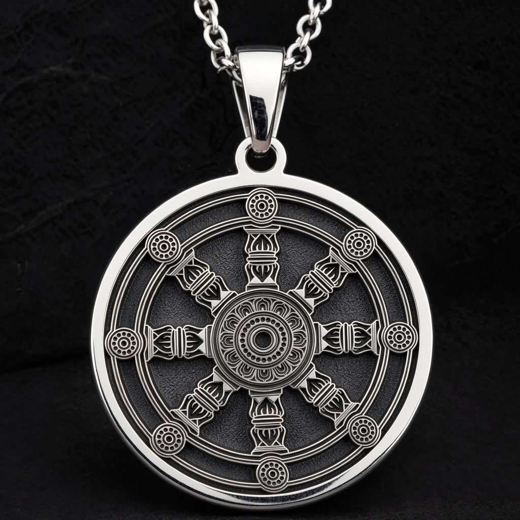 925 925 Sterling Silver Dharma Wheel Spoked Talisman Necklace Necklaces Oxidized silver geometric star compass rose pendant necklace