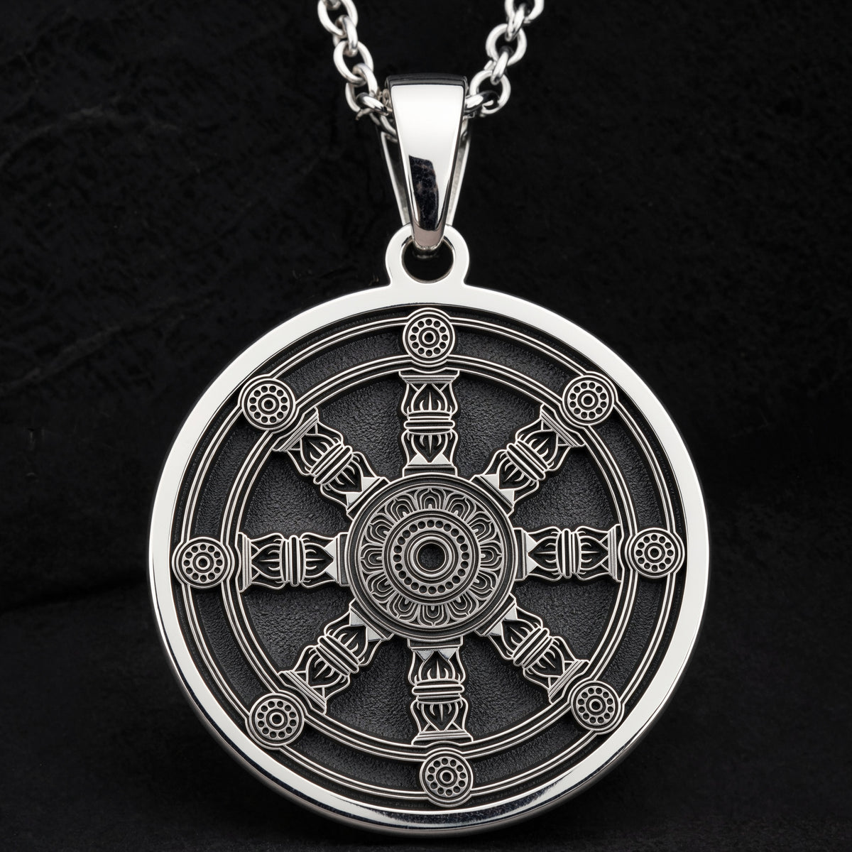 925 925 Sterling Silver Dharma Wheel Spoked Talisman Necklace Necklaces Oxidized silver geometric star compass rose pendant necklace