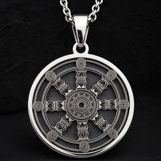 925 925 Sterling Silver Dharma Wheel Spoked Talisman Necklace Necklaces Oxidized silver geometric star compass rose pendant necklace