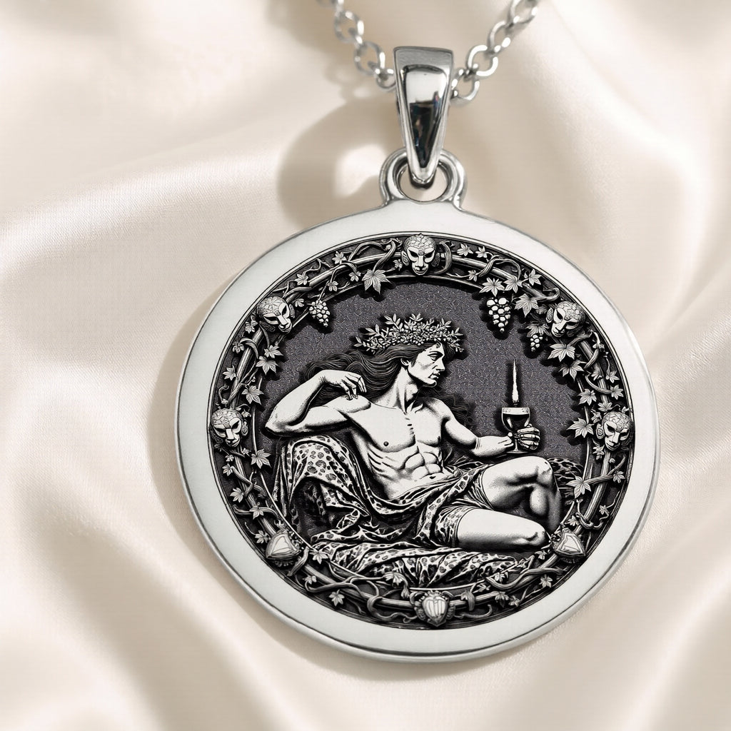925 925 Sterling Silver Dionysus God of Wine Coin Necklace Necklaces Oxidized silver pendant necklace featuring a reclining male figure surrounded by skulls and foliage.