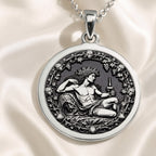 925 925 Sterling Silver Dionysus God of Wine Coin Necklace Necklaces Oxidized silver pendant necklace featuring a reclining male figure surrounded by skulls and foliage.