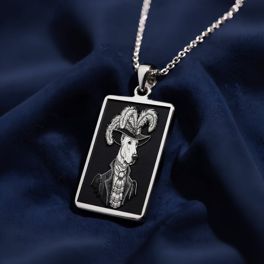 Sterling Silver Doberman Portrait Necklace with feathered hat and formal coat pendant