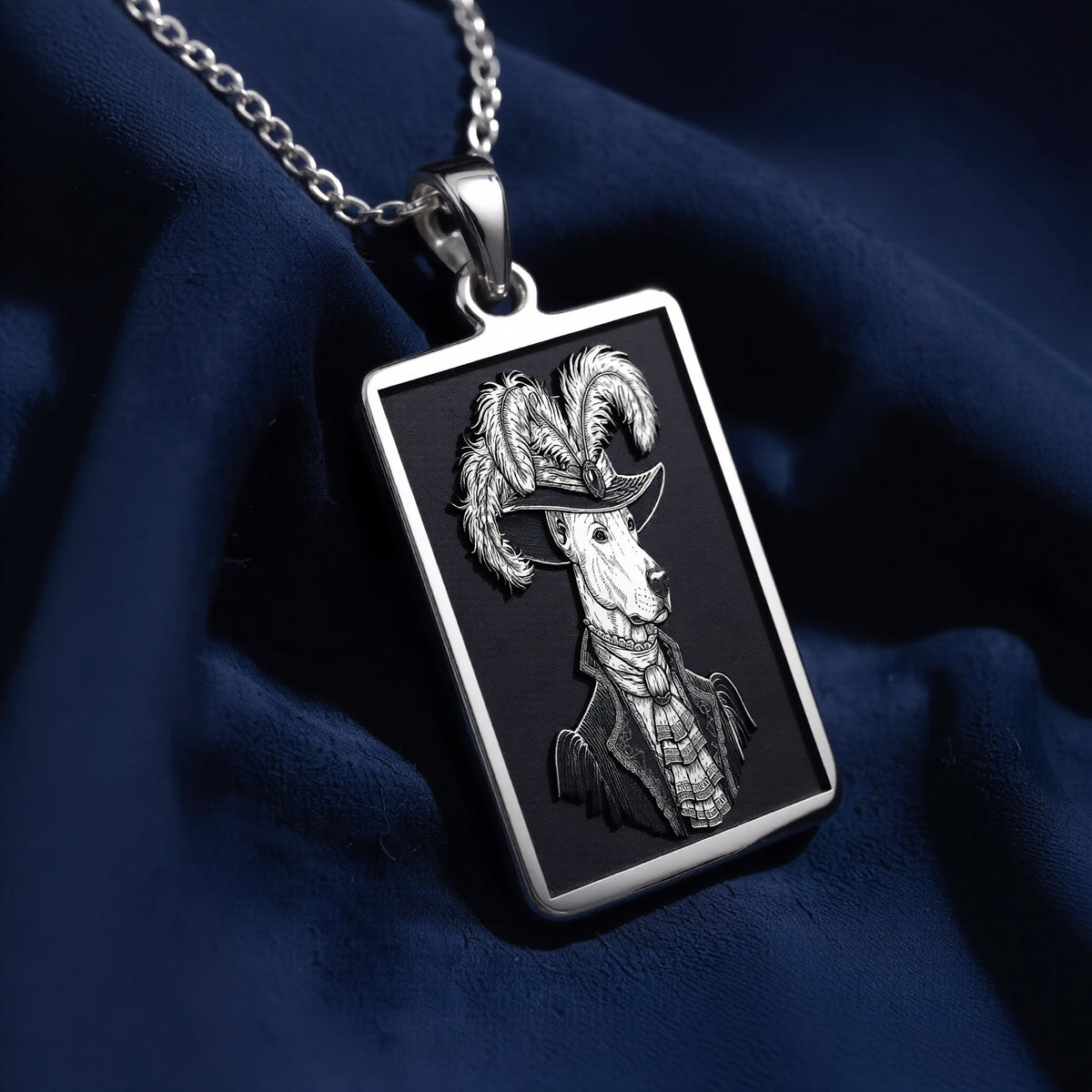 Sterling silver Doberman portrait necklace: rectangular pendant with engraved dog in military-style hat and coat on chain.