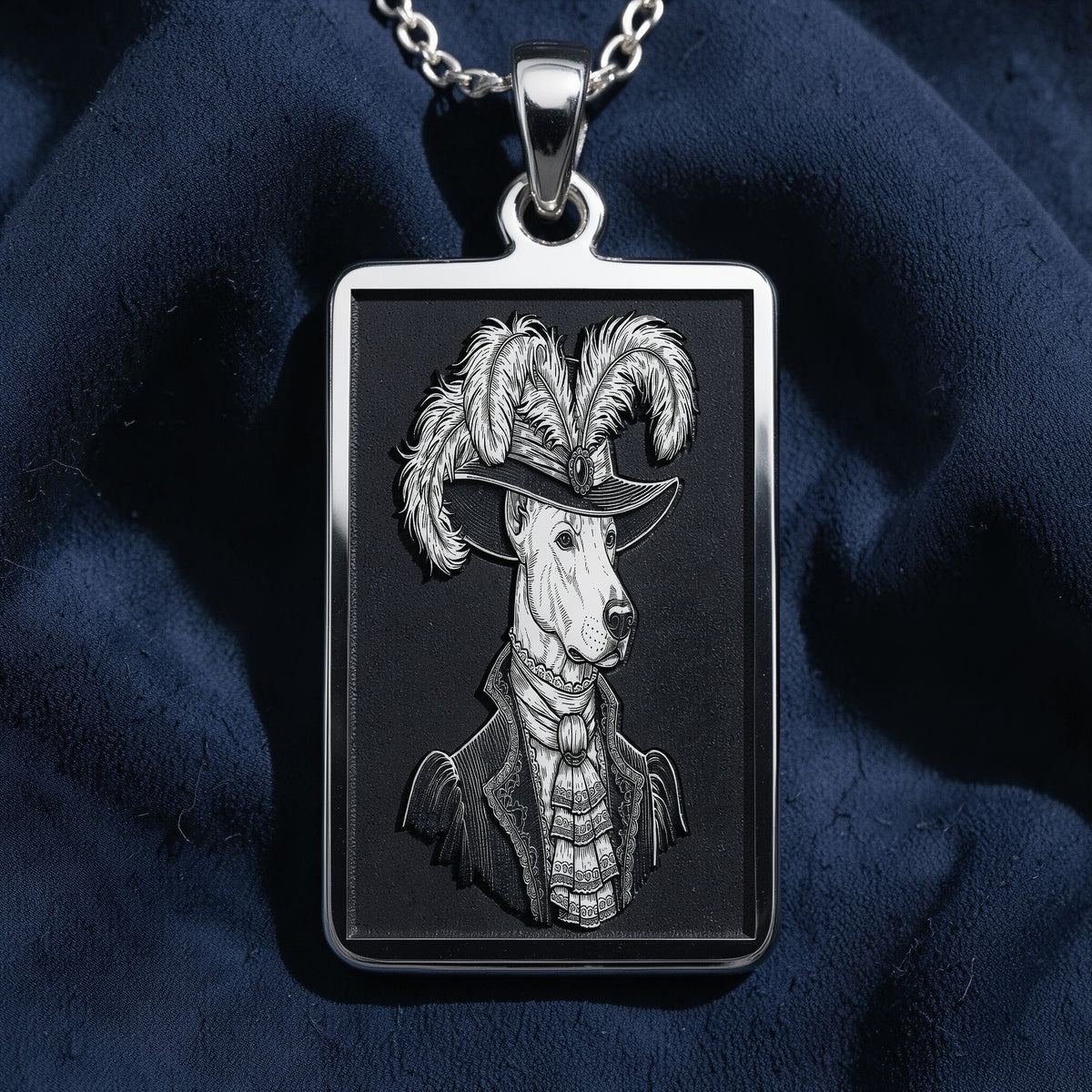 Product photo of a 14K Solid Gold Doberman necklace from the 'Victorian Pet Collection'. The engraved officer portrait is centered clearly on a rich purple satin background.