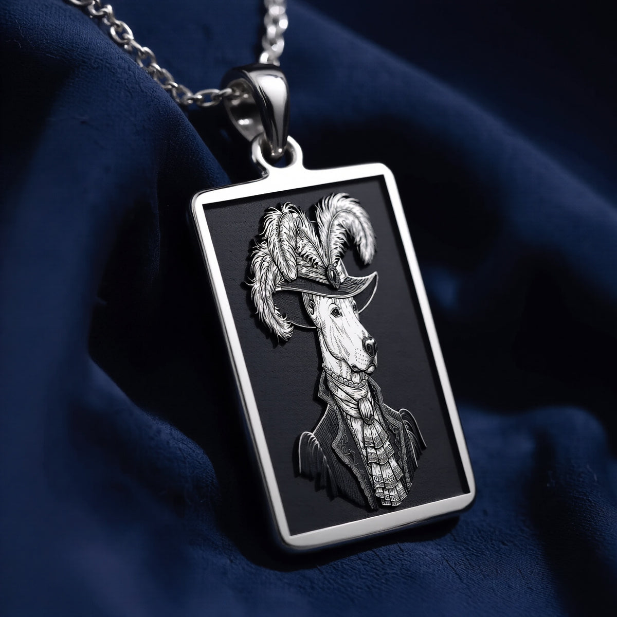 Product photo of a 14K Solid Gold Doberman necklace from the 'Victorian Pet Collection'. The engraved officer portrait is centered clearly on a rich purple satin background.