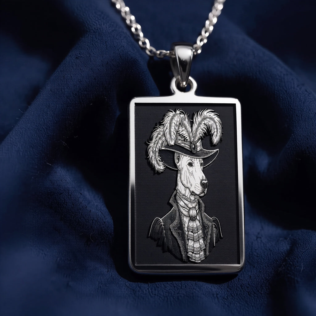 Front-facing view of the 925 Sterling Silver Doberman necklace, showcasing its cool, bright metallic tone that contrasts sharply with the dark satin fabric.