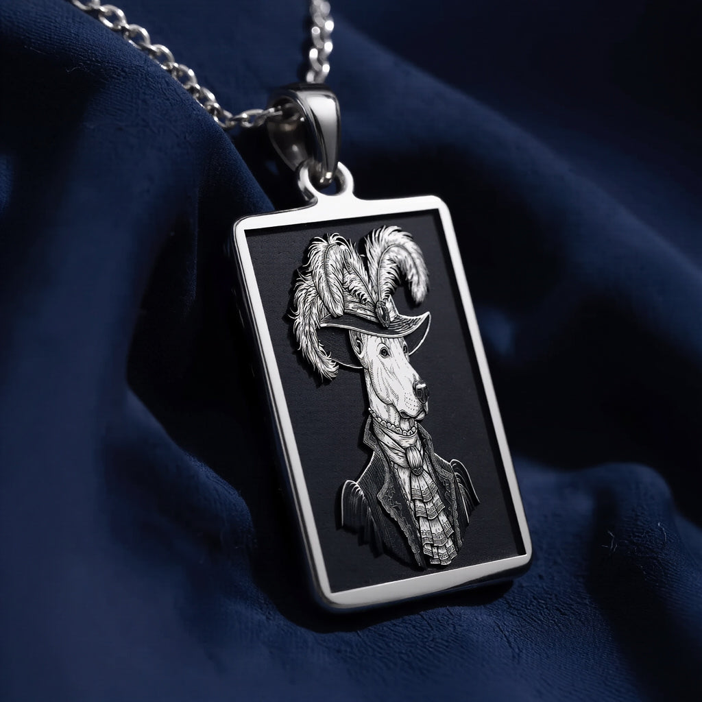 Another angle of the 925 Sterling Silver Doberman necklace, where the light catches the intricate details of the military-style jacket and plumed hat.