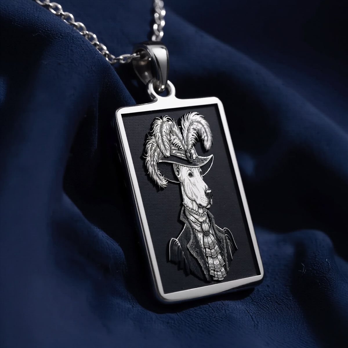Another angle of the 925 Sterling Silver Doberman necklace, where the light catches the intricate details of the military-style jacket and plumed hat.