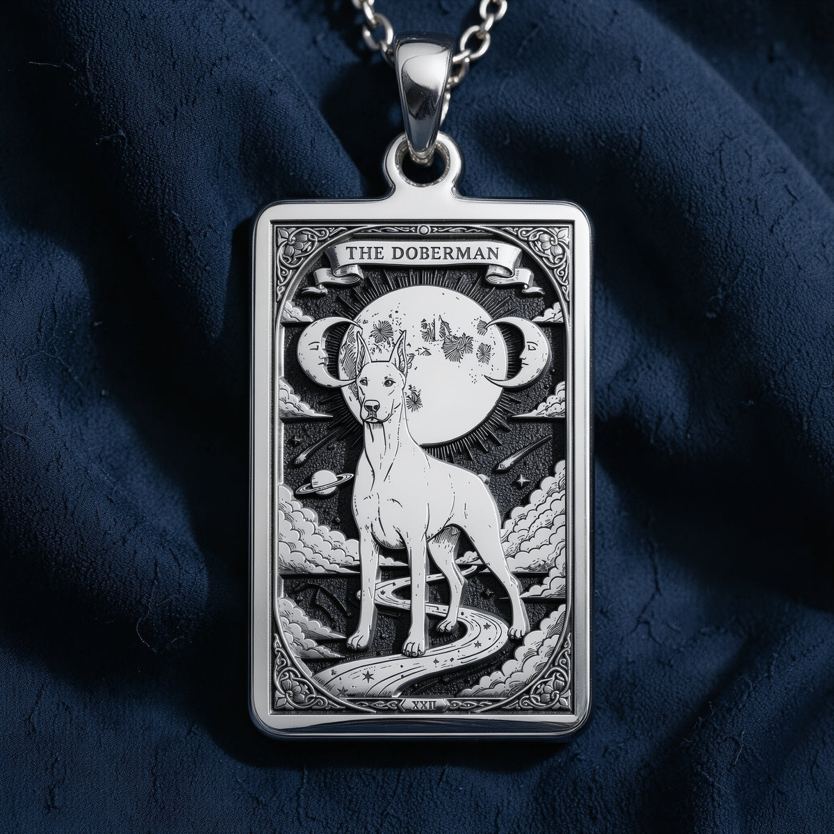An heirloom-quality 14K solid gold Doberman tarot pendant. The art shows the elegant dog under the moon, symbolizing a loyal guardian, a precious dog mom gift.