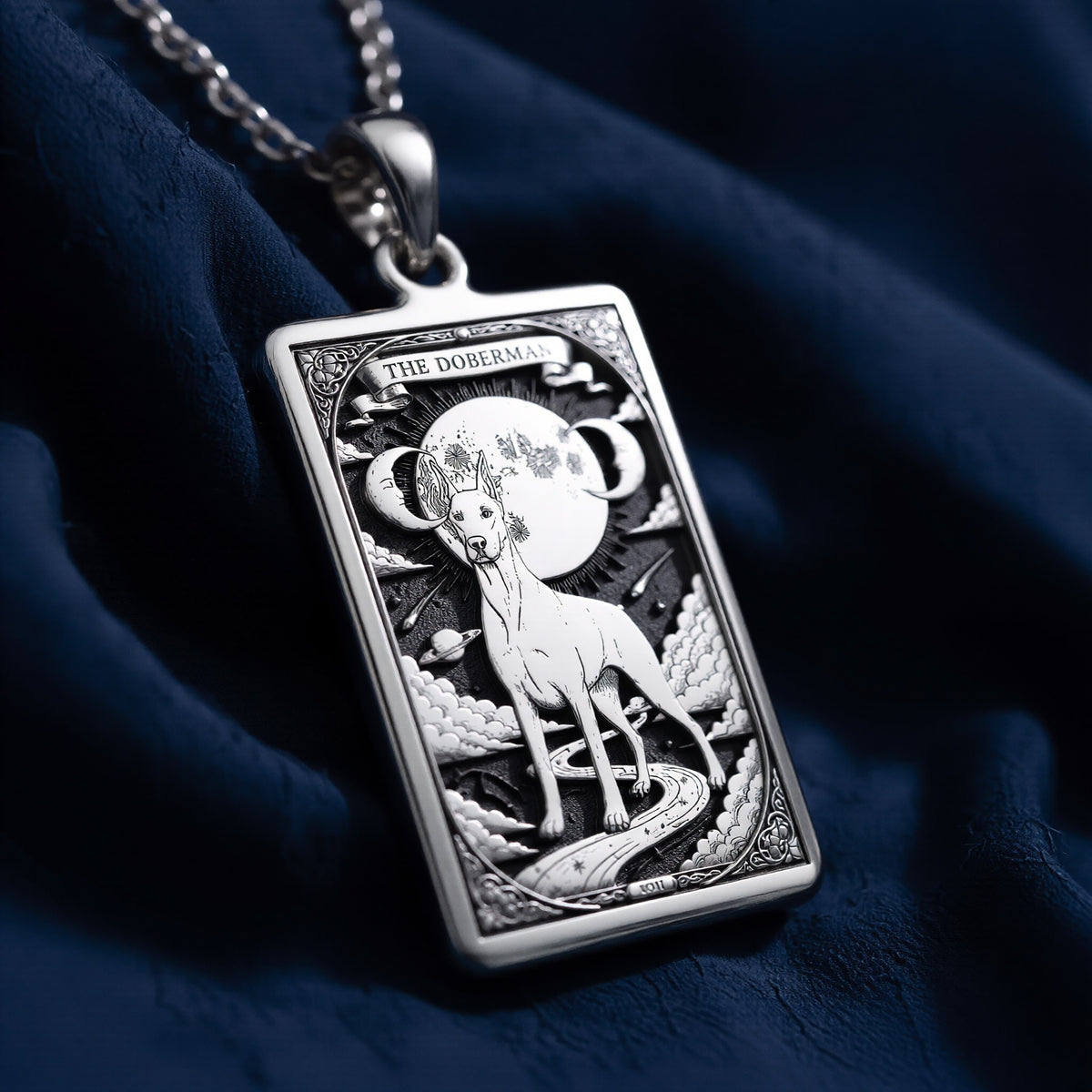 An heirloom-quality 14K solid gold Doberman tarot pendant. The art shows the elegant dog under the moon, symbolizing a loyal guardian, a precious dog mom gift.