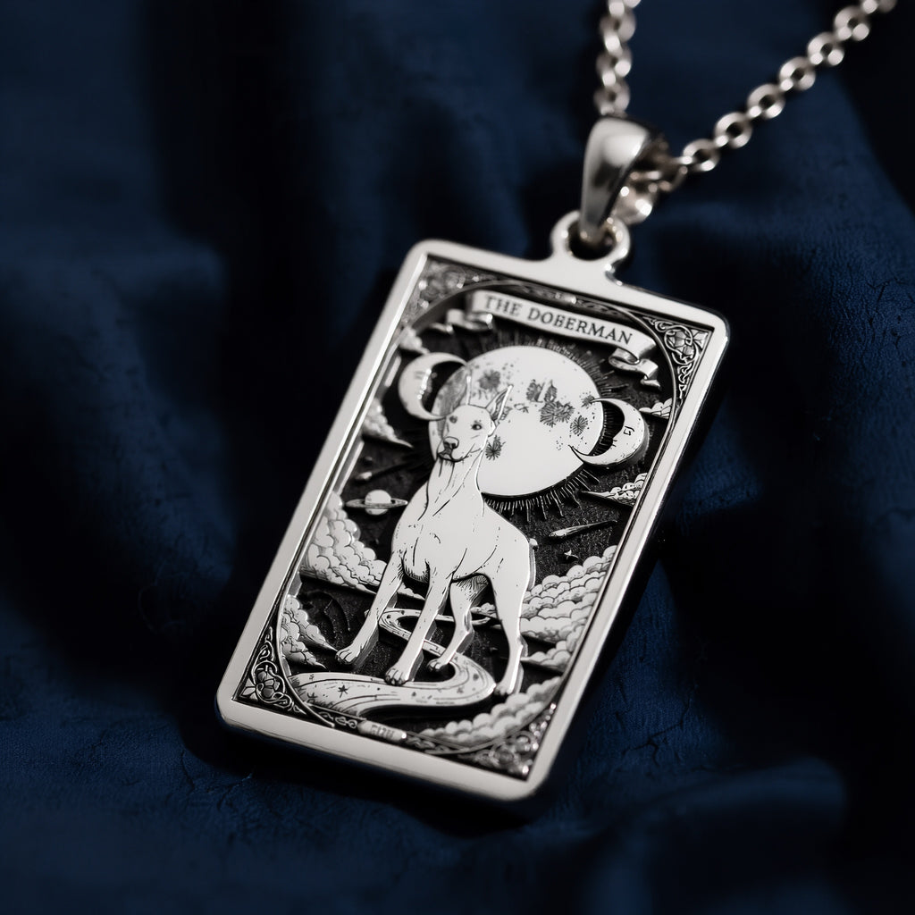 A striking 925 sterling silver Doberman charm. The art shows the watchful dog, a meaningful piece of celestial jewelry for a pet owner.