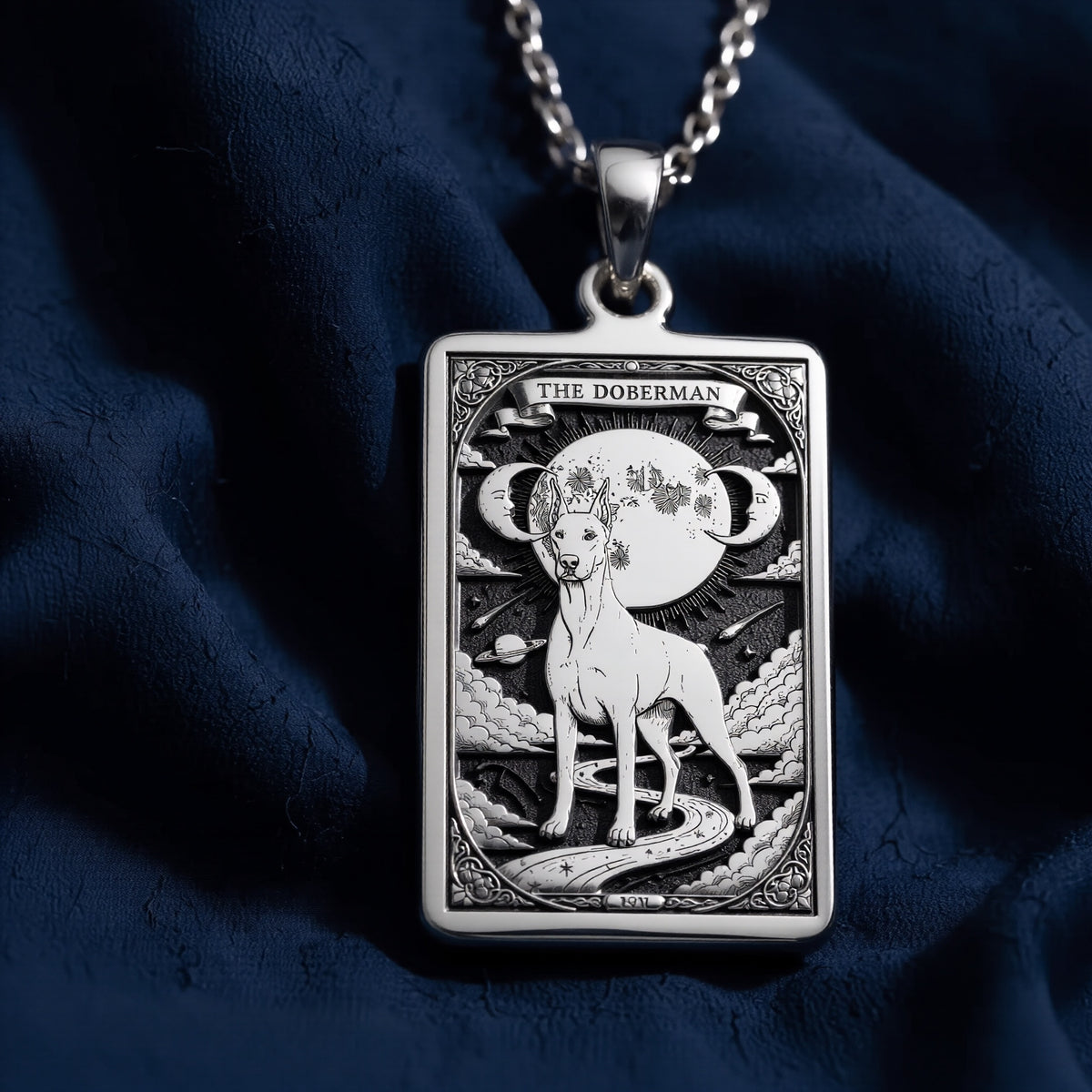 A personalized 925 sterling silver Doberman necklace. This gift celebrates the protective heart of the Doberman, a cherished pet memorial keepsake.