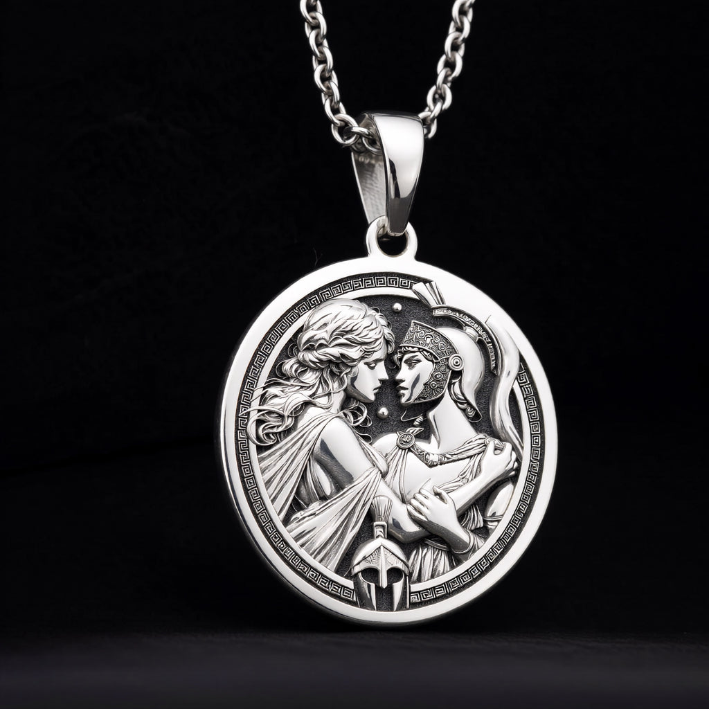 Sterling silver Theseus Antiope Amazon Queen Charm Necklace: round  depicting Theseus A...