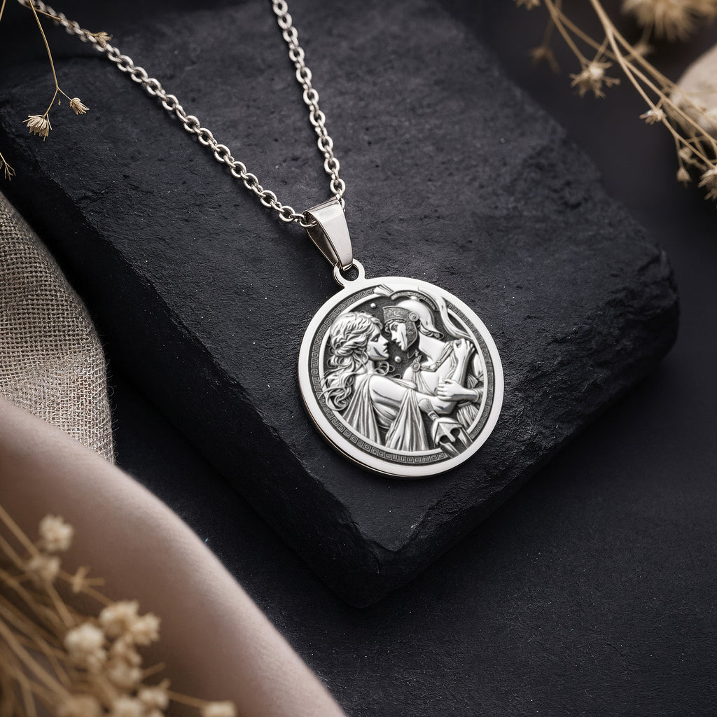 Sterling silver Theseus Antiope Amazon Queen Charm Necklace: round  depicting Theseus a...