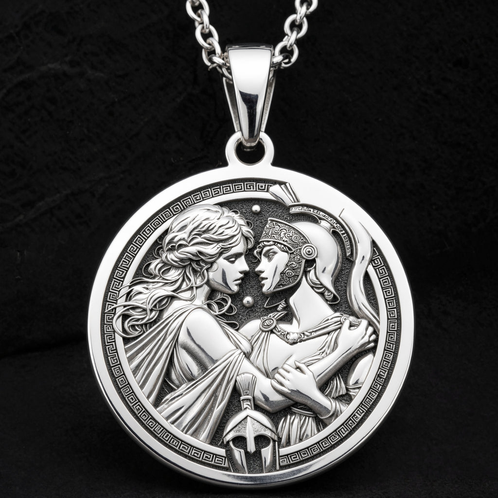 Sterling silver Theseus Antiope Amazon Queen Charm Necklace: round  depicting Theseus a...