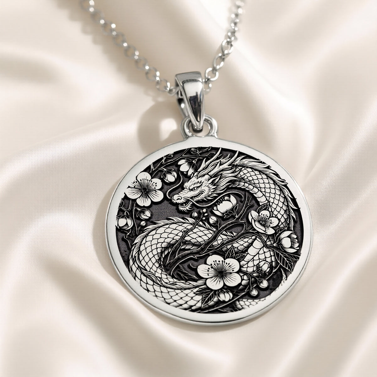 Japanese Dragon Necklace: Silver Ryu Symbol Pendanrt