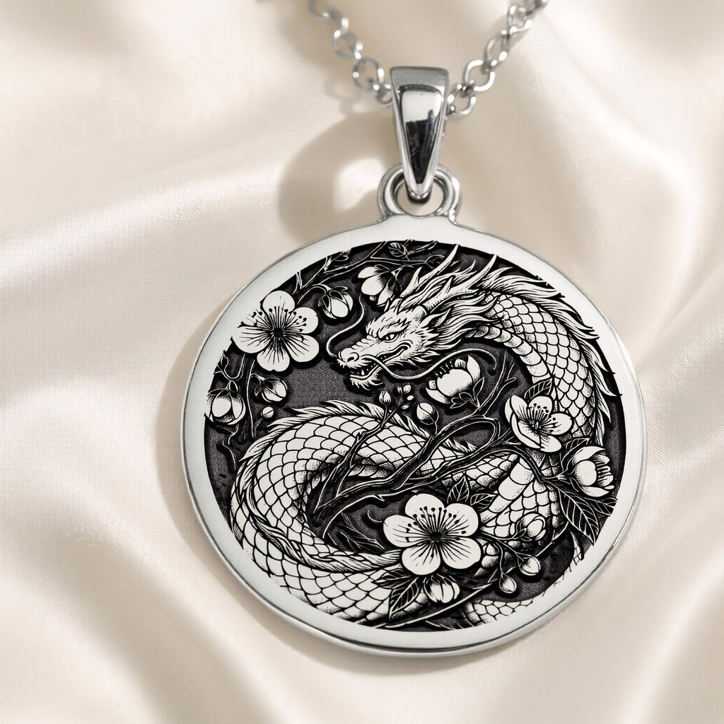 Japanese Dragon Necklace: Silver Ryu Symbol Pendanrt