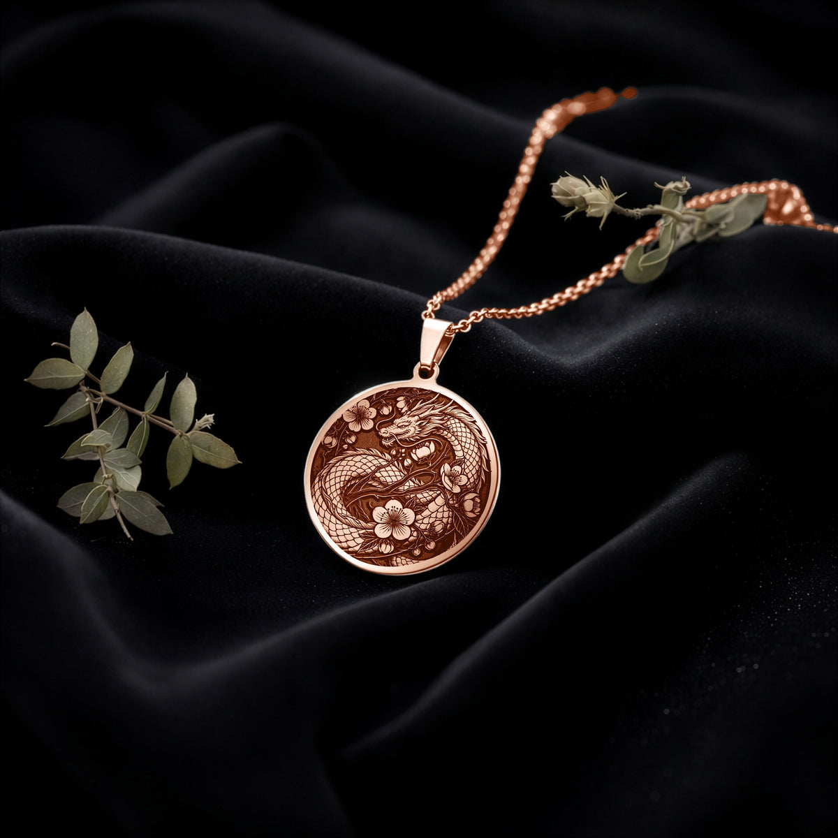 Japanese Dragon Necklace: Rose Gold Ryu Symbol Pendanrt
