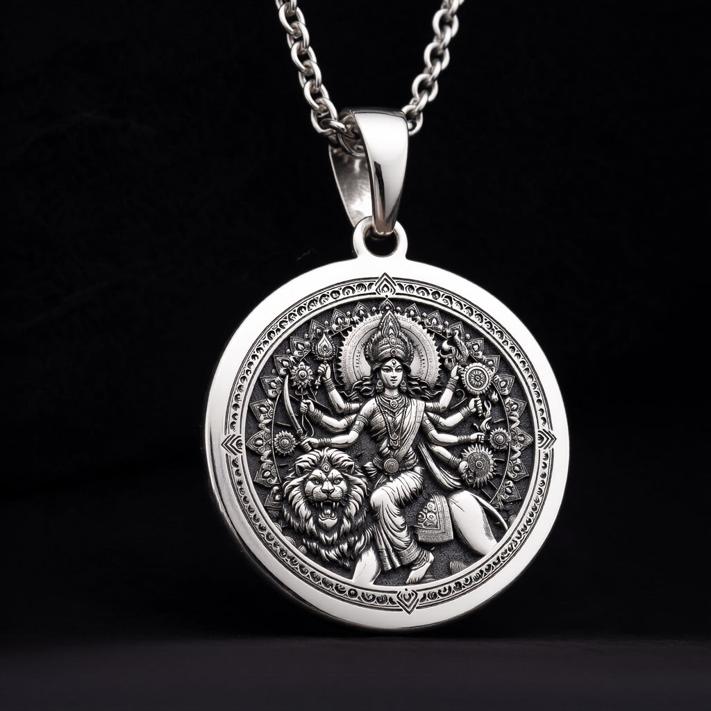 Durga Warrior Ten Arms Pendant Necklaces 925 925 Sterling Silver sterling silver pendant featuring an ornate Hindu goddess and lion design necklace