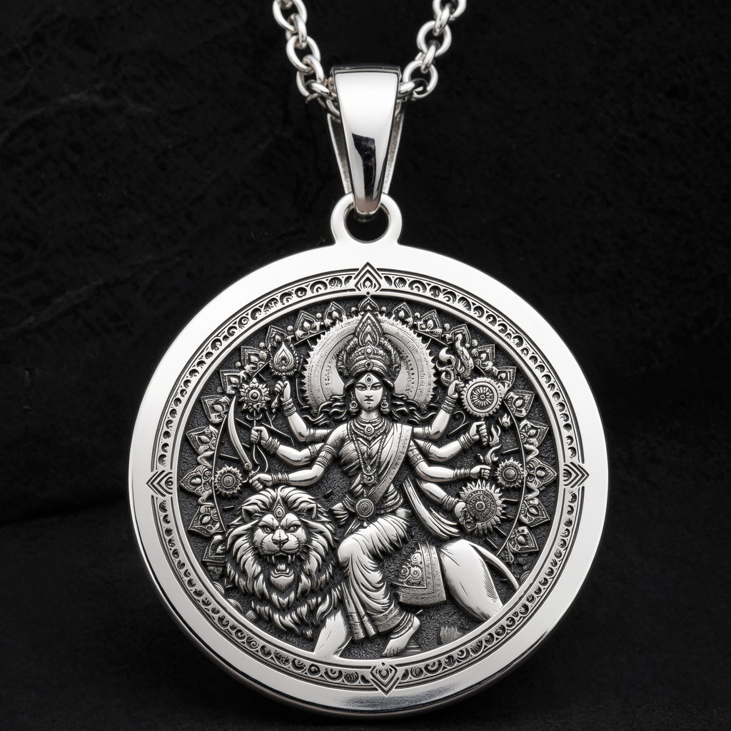Durga Warrior Ten Arms Pendant Necklaces 925 925 Sterling Silver round pendant featuring an intricate Hindu deity and lion design necklace