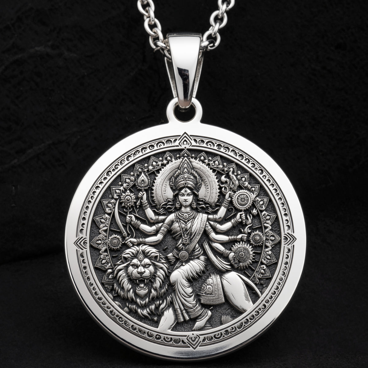 Durga Warrior Ten Arms Pendant Necklaces 925 925 Sterling Silver round pendant featuring an intricate Hindu deity and lion design necklace