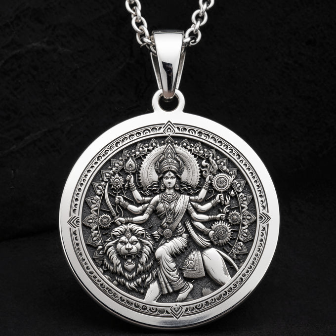 Durga Warrior Ten Arms Pendant Necklaces 925 925 Sterling Silver round pendant featuring an intricate Hindu deity and lion design necklace