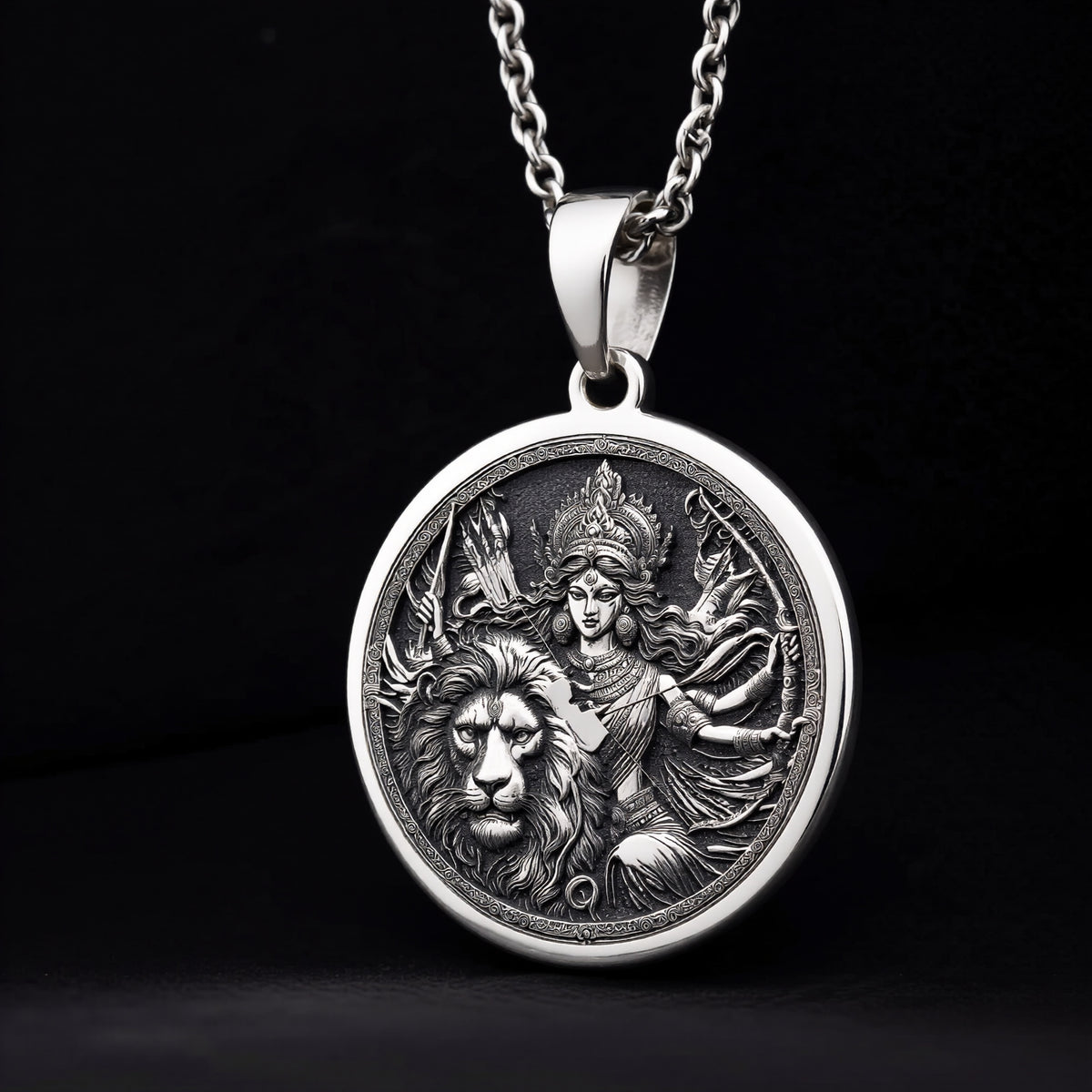 925 925 Sterling Silver Durga Warrior Goddess Pendant Necklaces Oxidized silver round pendant featuring a mythological female figure and lion design necklace