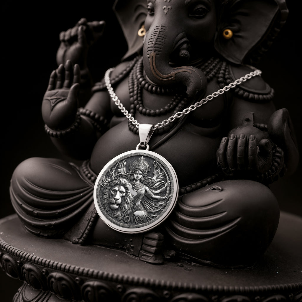 925 925 Sterling Silver Durga Warrior Goddess Pendant Necklaces Silver round pendant with lion face design necklace