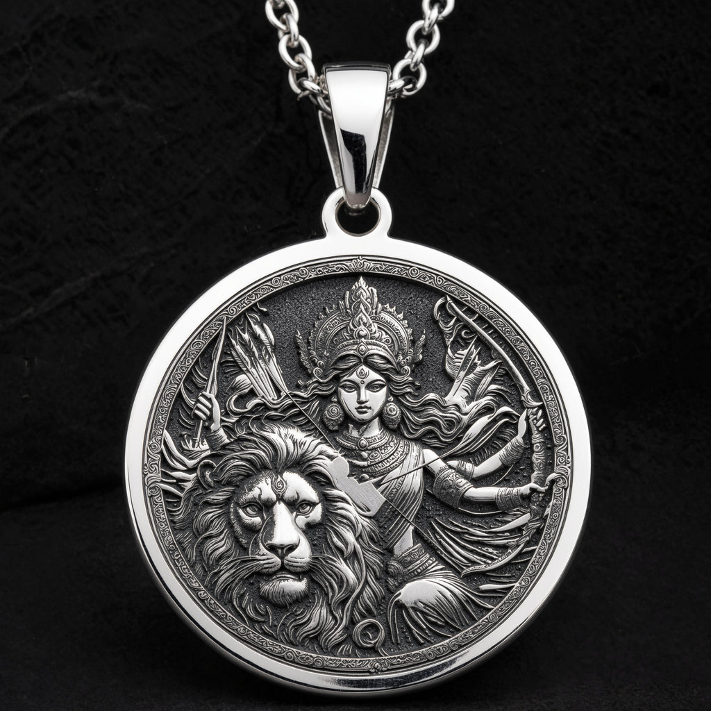 Durga Warrior Goddess Pendant Necklaces 925 925 Sterling Silver sterling silver woman and lion pendant necklace with intricate mythological design