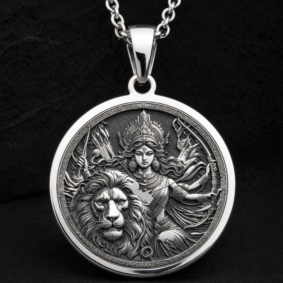 Durga Warrior Goddess Pendant Necklaces 925 925 Sterling Silver sterling silver woman and lion pendant necklace with intricate mythological design