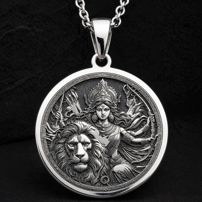 Durga Warrior Goddess Pendant Necklaces 925 925 Sterling Silver sterling silver woman and lion pendant necklace with intricate mythological design