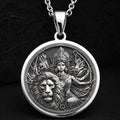 Durga Warrior Goddess Pendant Necklaces Silver woman and lion pendant necklace with intricate mythological design
