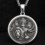 Durga Warrior Goddess Pendant Necklaces 925 925 Sterling Silver sterling silver woman and lion pendant necklace with intricate mythological design