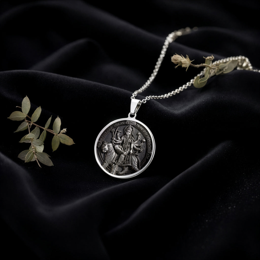 925 925 Sterling Silver Durga Warrior Ten Arms Pendant Necklaces Oxidized silver round pendant with engraved historical scene necklace