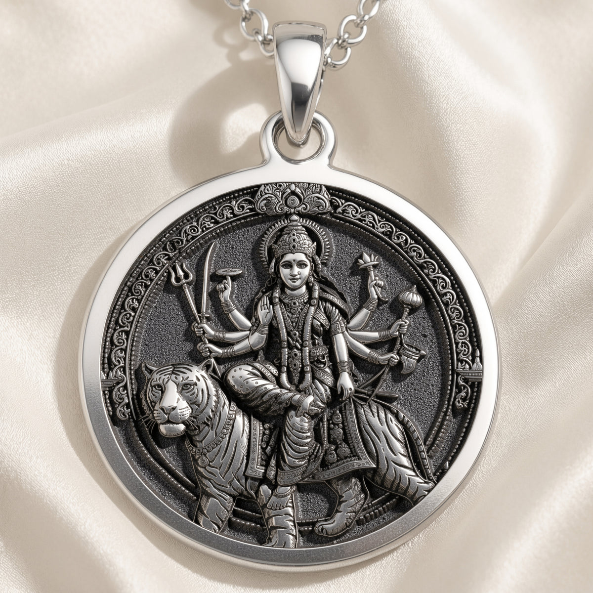 925 925 Sterling Silver Durga Warrior Ten Arms Pendant Necklaces Oxidized silver pendant featuring a Hindu mythological figure on a tiger in an ornate circular design.