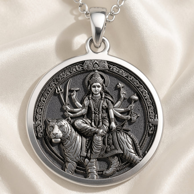 925 925 Sterling Silver Durga Warrior Ten Arms Pendant Necklaces Oxidized silver pendant featuring a Hindu mythological figure on a tiger in an ornate circular design.