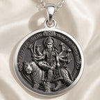 925 925 Sterling Silver Durga Warrior Ten Arms Pendant Necklaces Oxidized silver pendant featuring a Hindu mythological figure on a tiger in an ornate circular design.