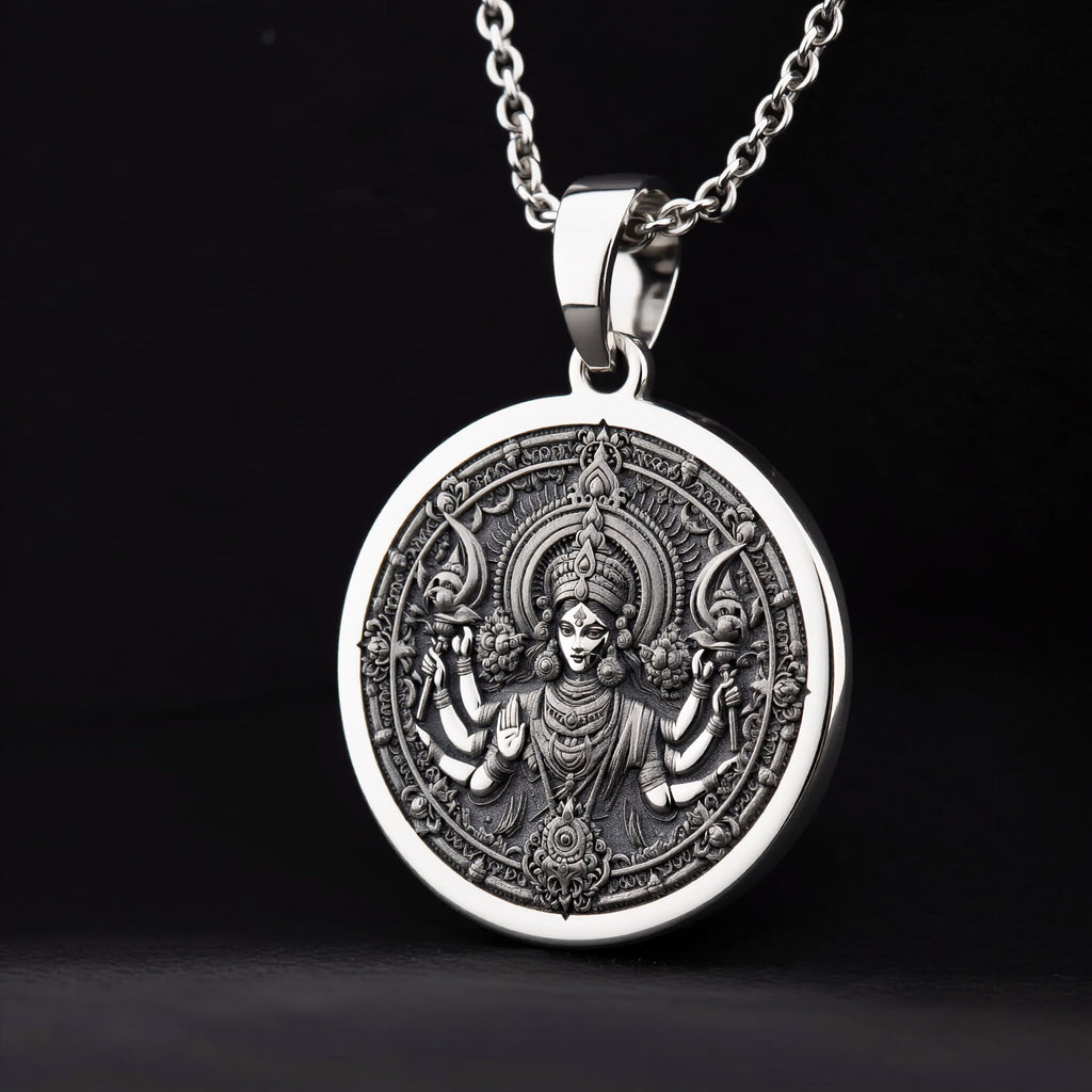 925 925 Sterling Silver Durga Warrior Goddess Pendant Necklaces Oxidized silver multi-armed deity pendant necklace with ornate circular design