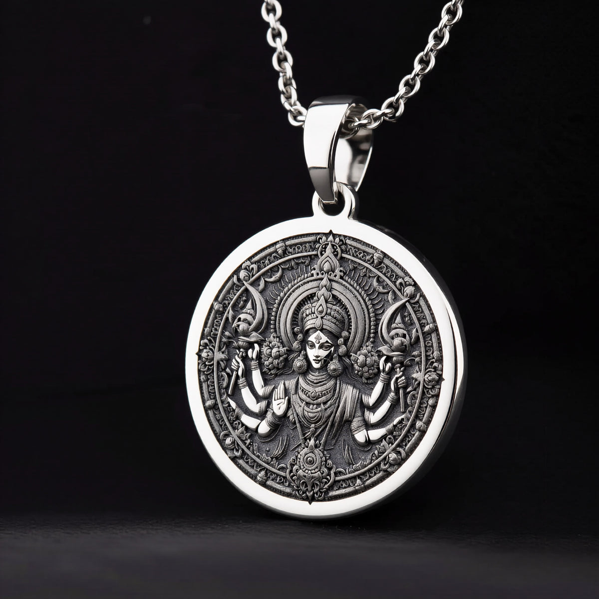 925 925 Sterling Silver Durga Warrior Goddess Pendant Necklaces Oxidized silver multi-armed deity pendant necklace with ornate circular design