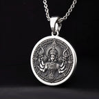925 925 Sterling Silver Durga Warrior Goddess Pendant Necklaces Oxidized silver multi-armed deity pendant necklace with ornate circular design