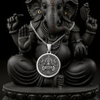 Durga Warrior Goddess Pendant Necklaces 925 925 Sterling Silver necklace with a round Ganesha pendant on a black background