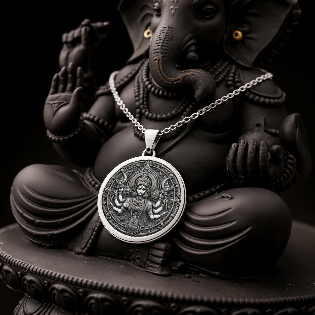 Durga Warrior Goddess Pendant Necklaces 925 925 Sterling Silver Ganesha pendant necklace with round shape and intricate design.