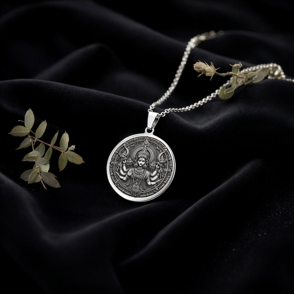 925 925 Sterling Silver Durga Warrior Goddess Pendant Necklaces Oxidized silver round pendant necklace featuring an intricate mythological figure design.