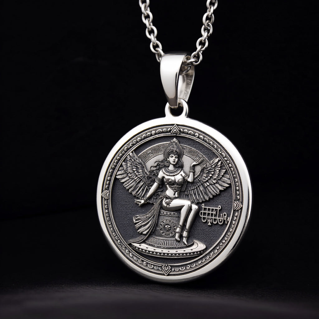 Bune Sigil Pendant Pendants 925 925 Sterling Silver winged seated goddess pendant necklace with intricate detailing