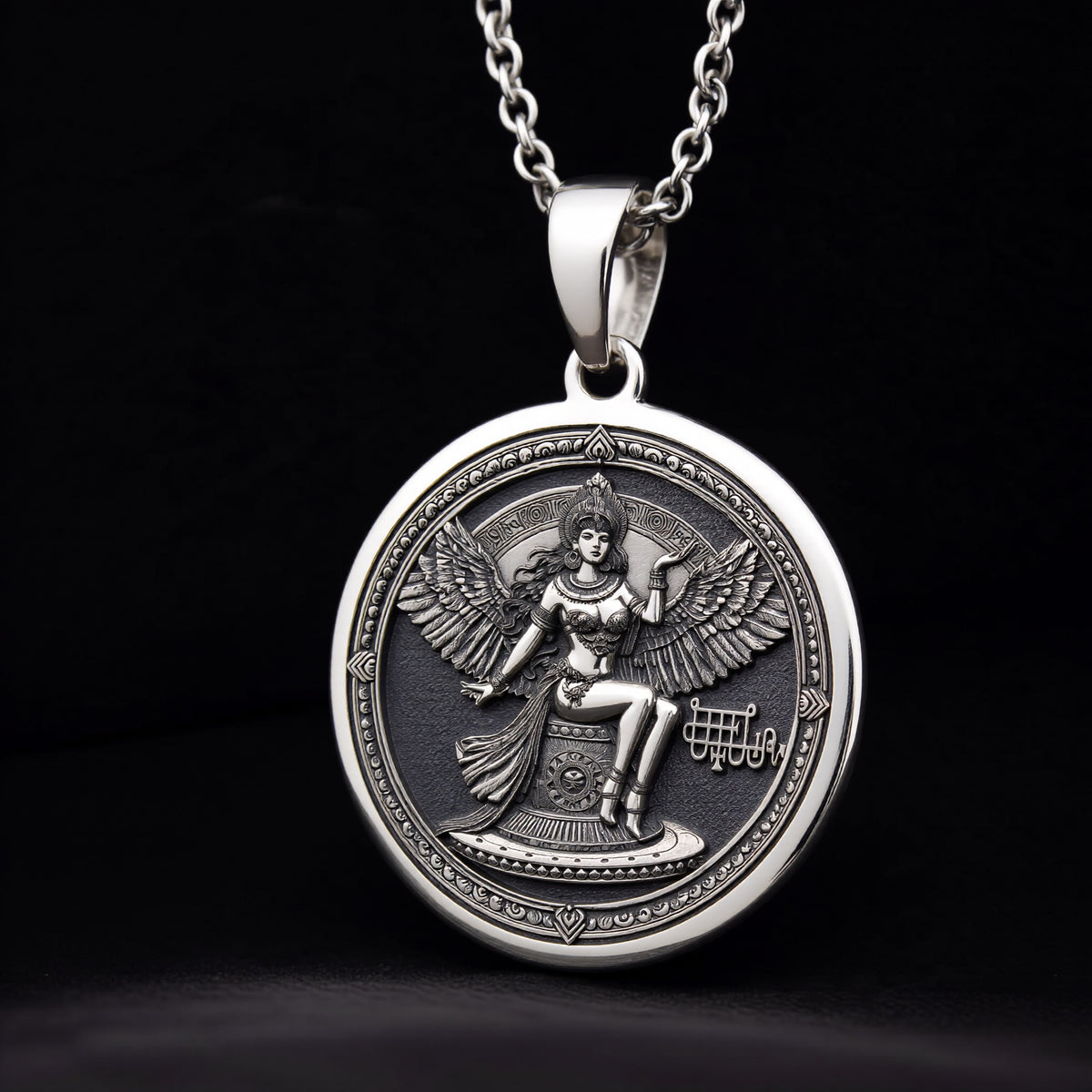 Bune Sigil Pendant Pendants 925 925 Sterling Silver winged seated goddess pendant necklace with intricate detailing