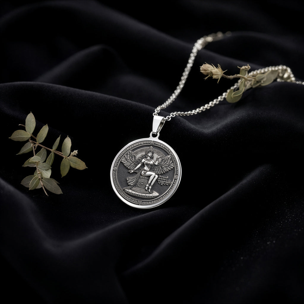 Bune Sigil Pendant Pendants 925 925 Sterling Silver winged female figure pendant necklace on black fabric