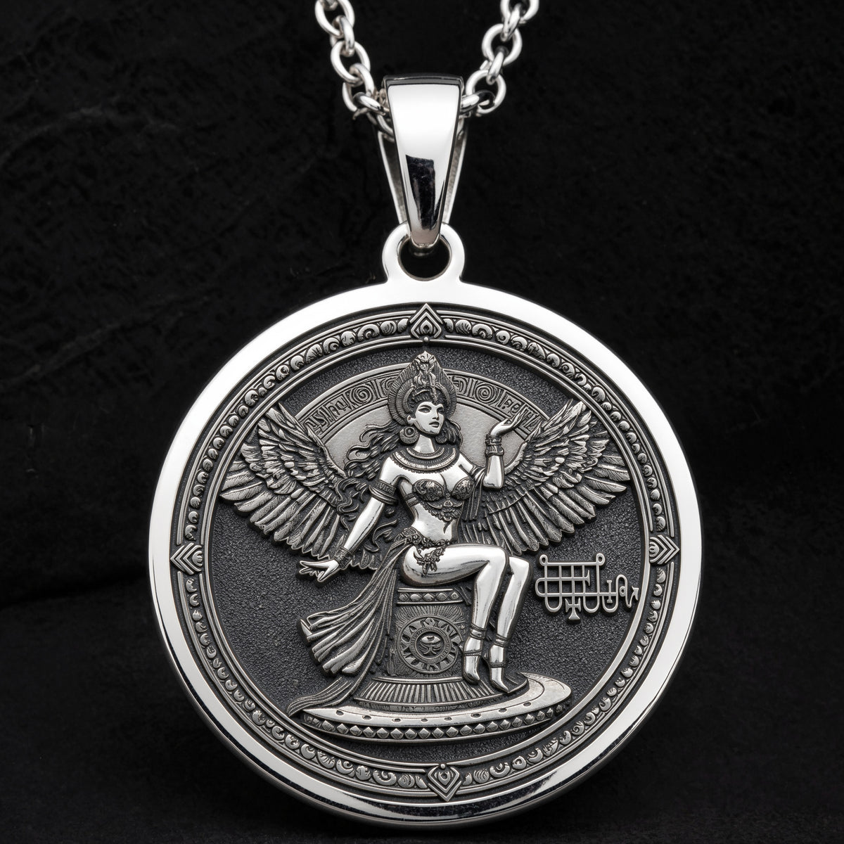 Bune Sigil Pendant Pendants 925 925 Sterling Silver winged goddess pendant necklace with ornate classical design